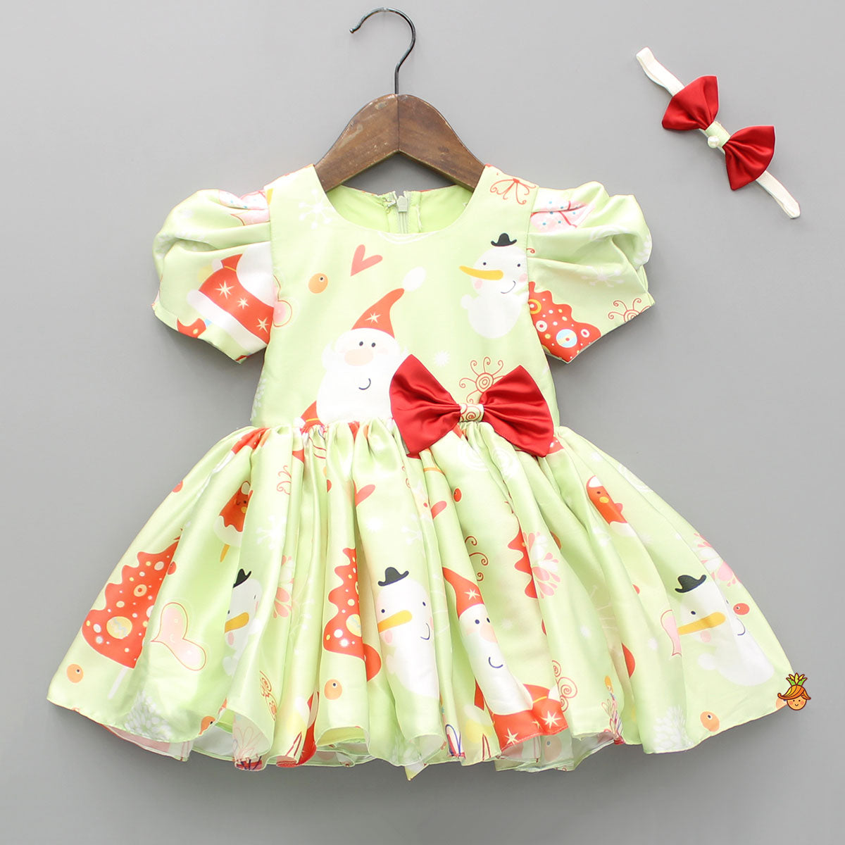 Pre Order: Christmas Theme Printed Green Flared Dress With Bowie Headband