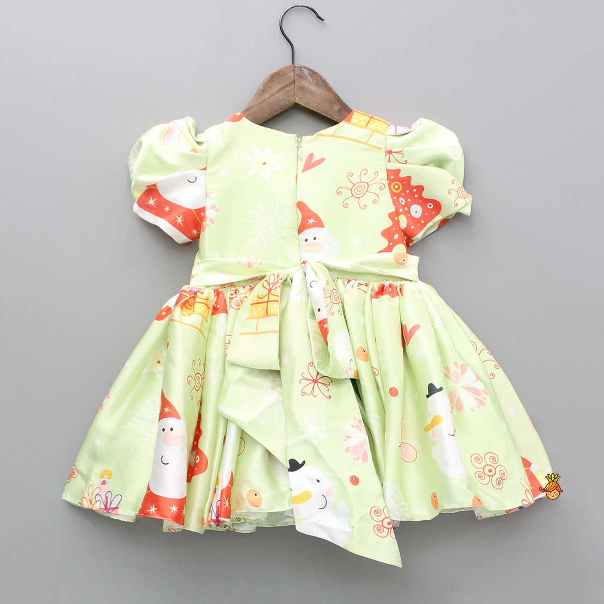 Pre Order: Christmas Theme Printed Green Flared Dress With Bowie Headband