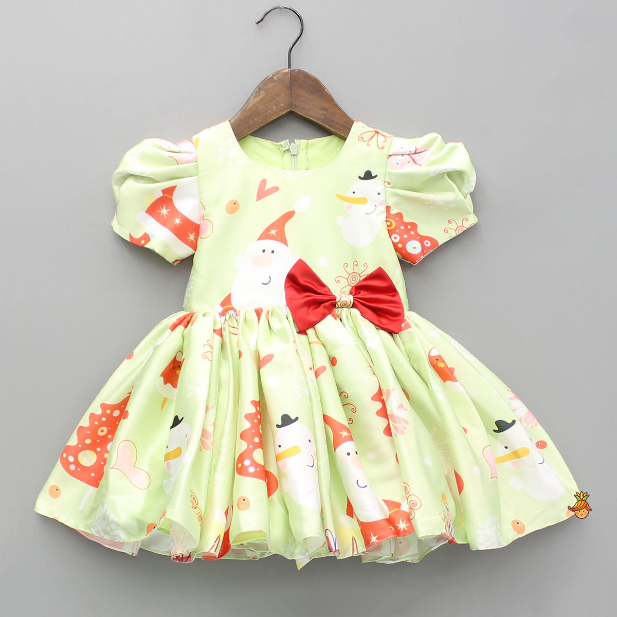 Pre Order: Christmas Theme Printed Green Flared Dress With Bowie Headband