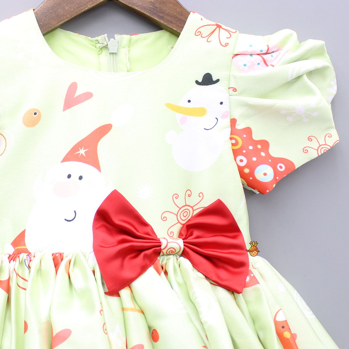 Pre Order: Christmas Theme Printed Green Flared Dress With Bowie Headband