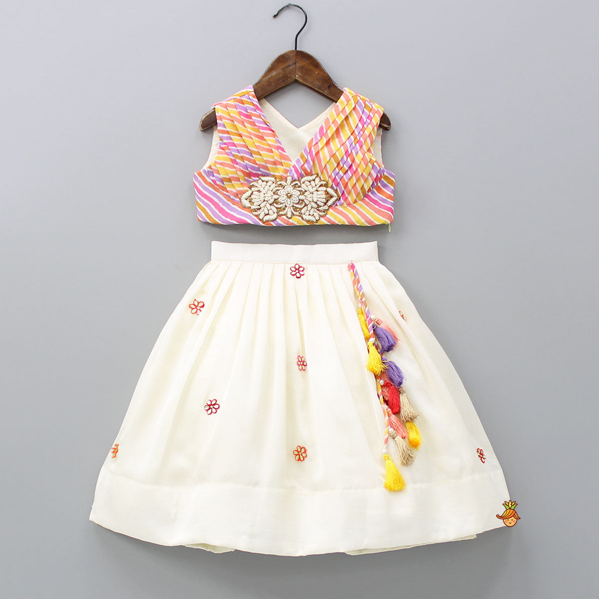 Pre Order: Multicolour Printed Yoke Pleated Top With Pleated Lehenga