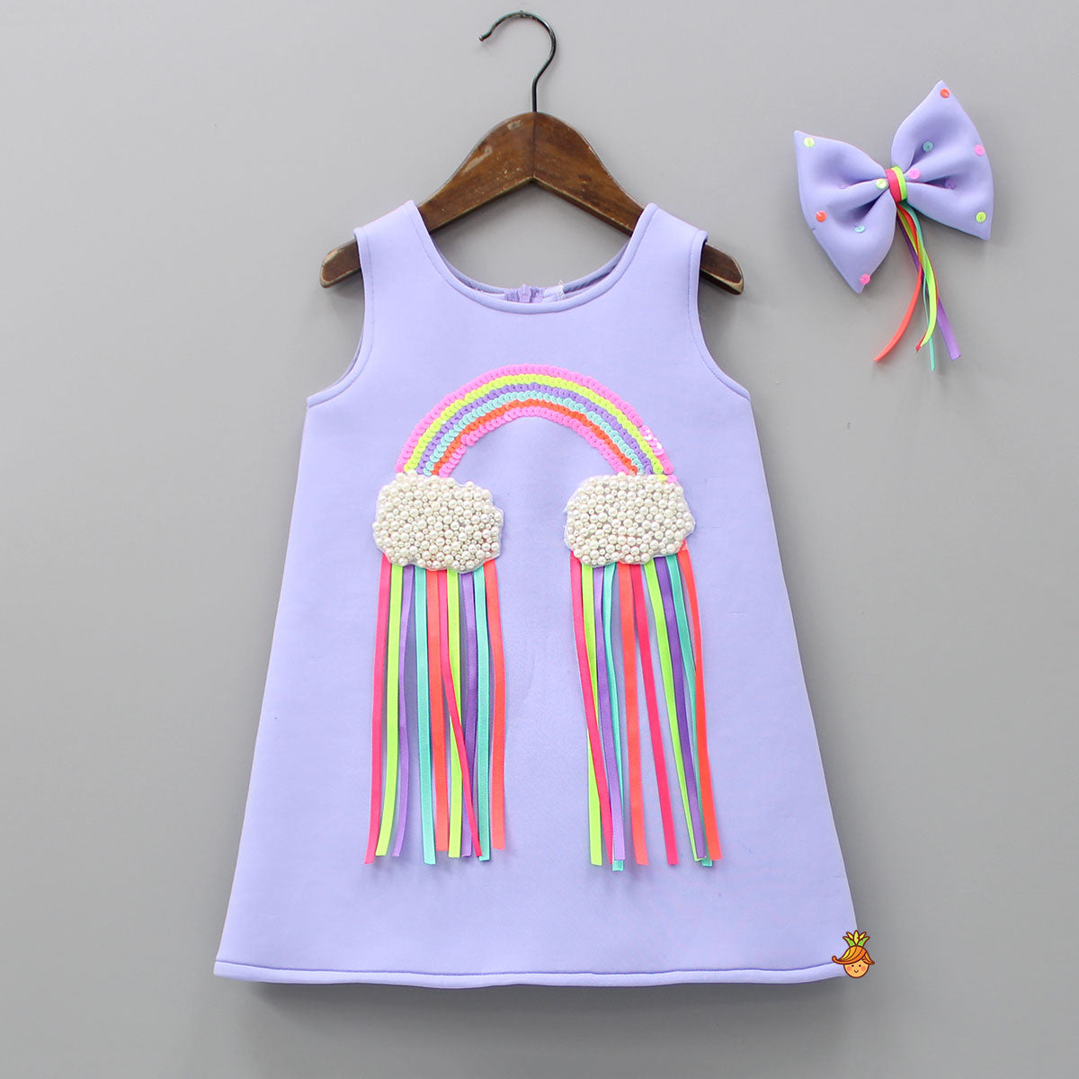 Pre Order: Sequins Rainbow Embroidered Lavender Dress With Bowie Hair Clip