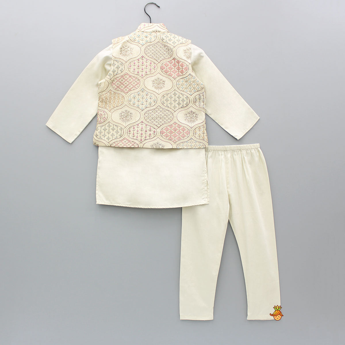 Beige Kurta With Multicolour Embroidered Jacket And Pyjama