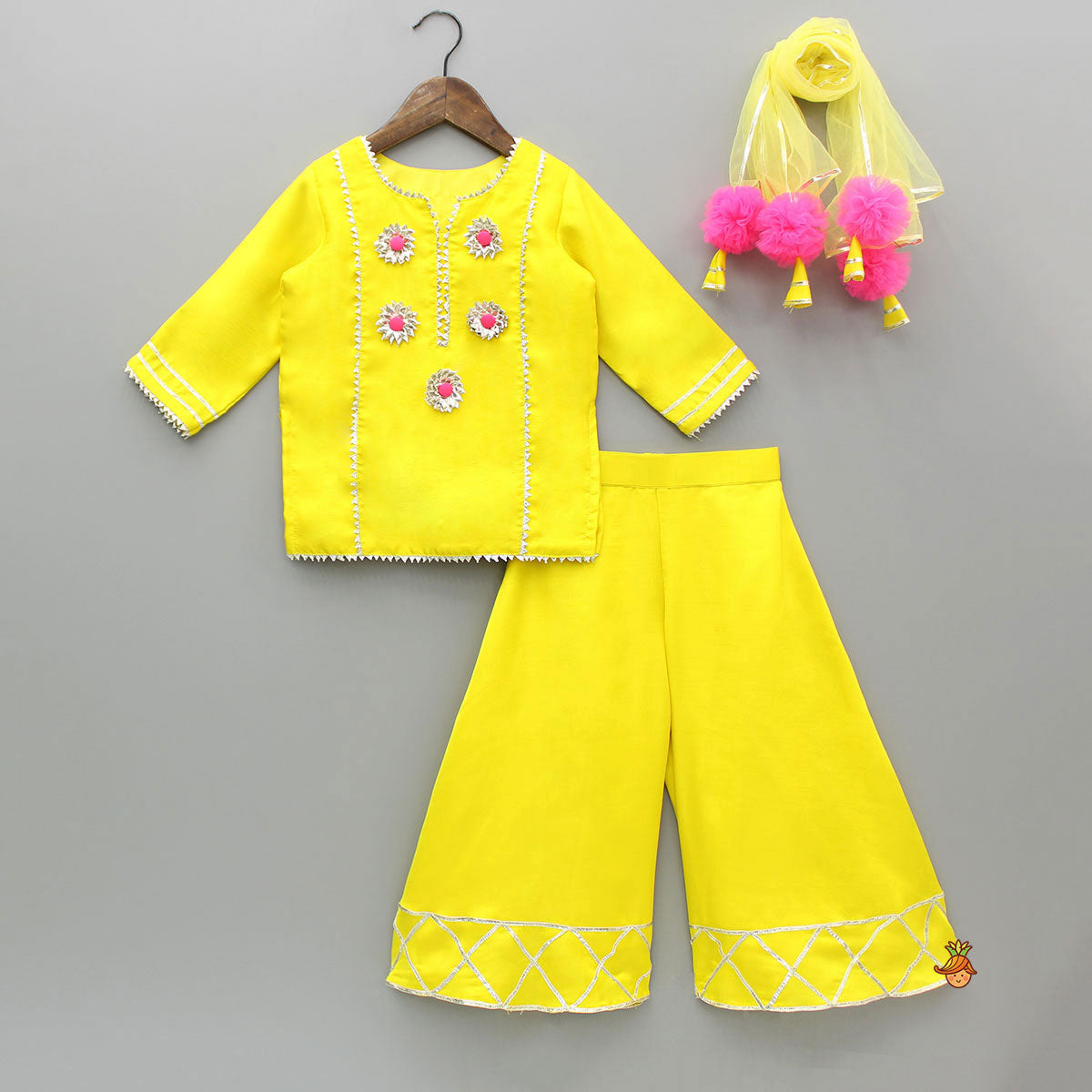 Pre Order: Yellow Gota Work Kurti With Palazzo And Dupatta