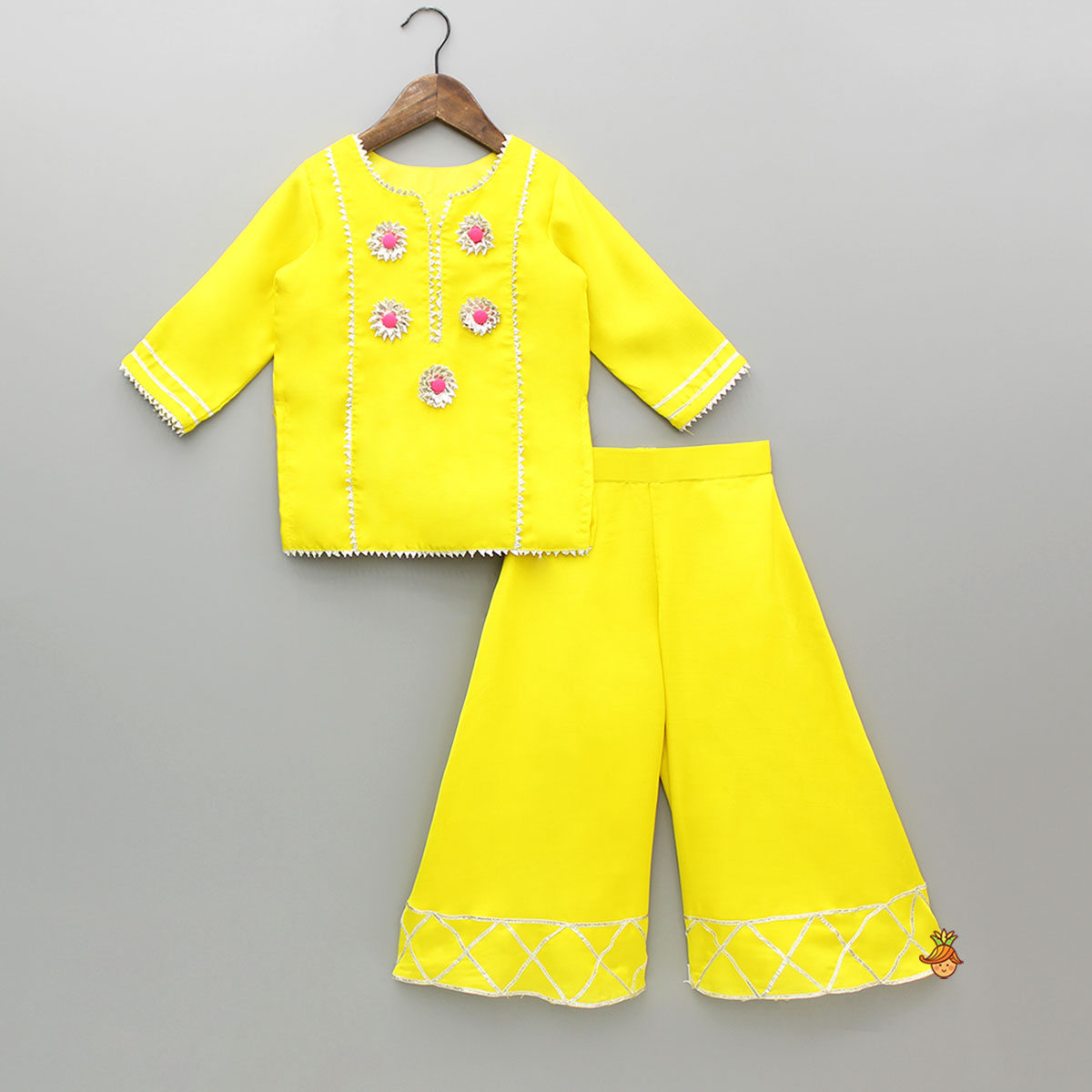 Pre Order: Yellow Gota Work Kurti With Palazzo And Dupatta