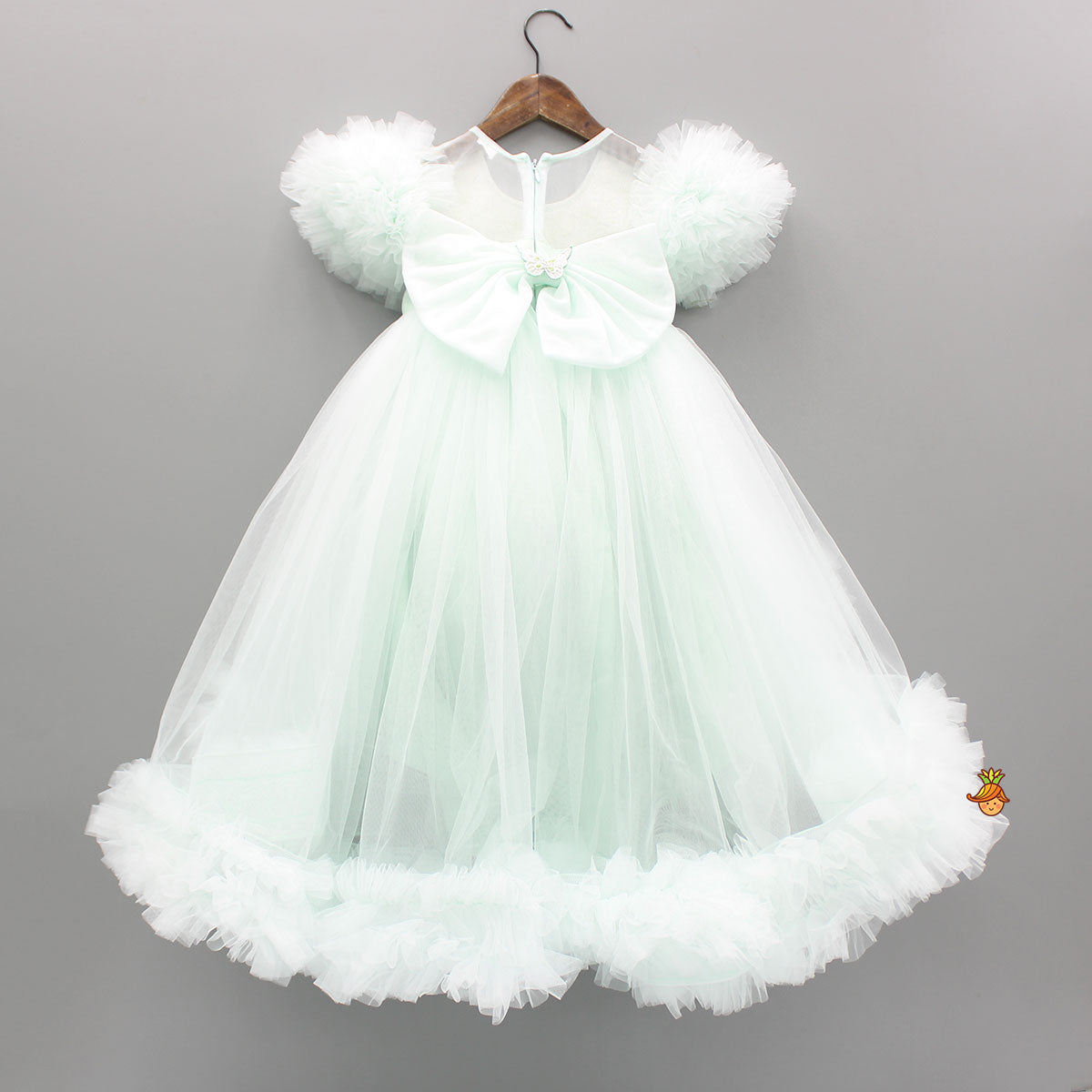 Pre Order: Green High Low Dress With Butterflies Embellished And Detachable Bow