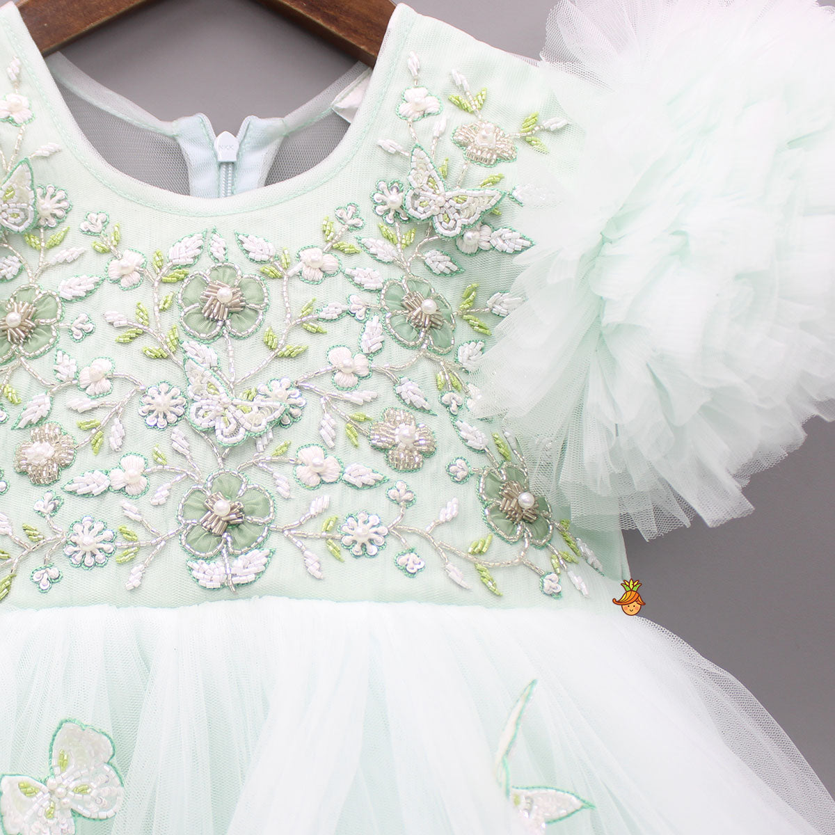 Pre Order: Green High Low Dress With Butterflies Embellished And Detachable Bow