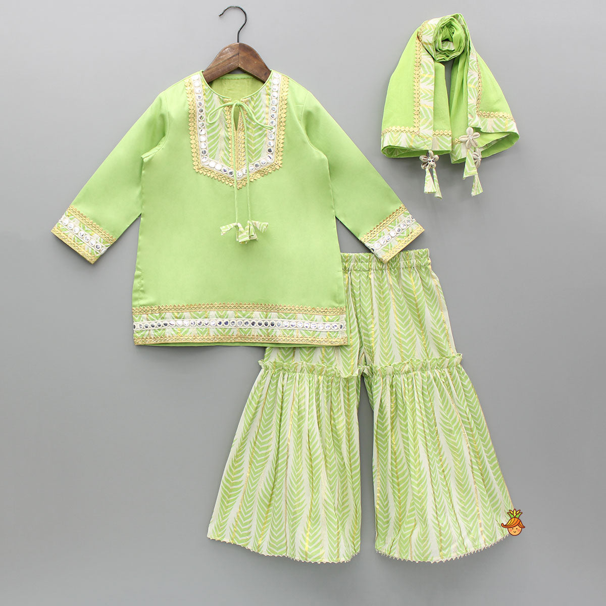 Pre Order: Green Gota Lace And Faux Mirror Work Kurti With Sharara And Dupatta