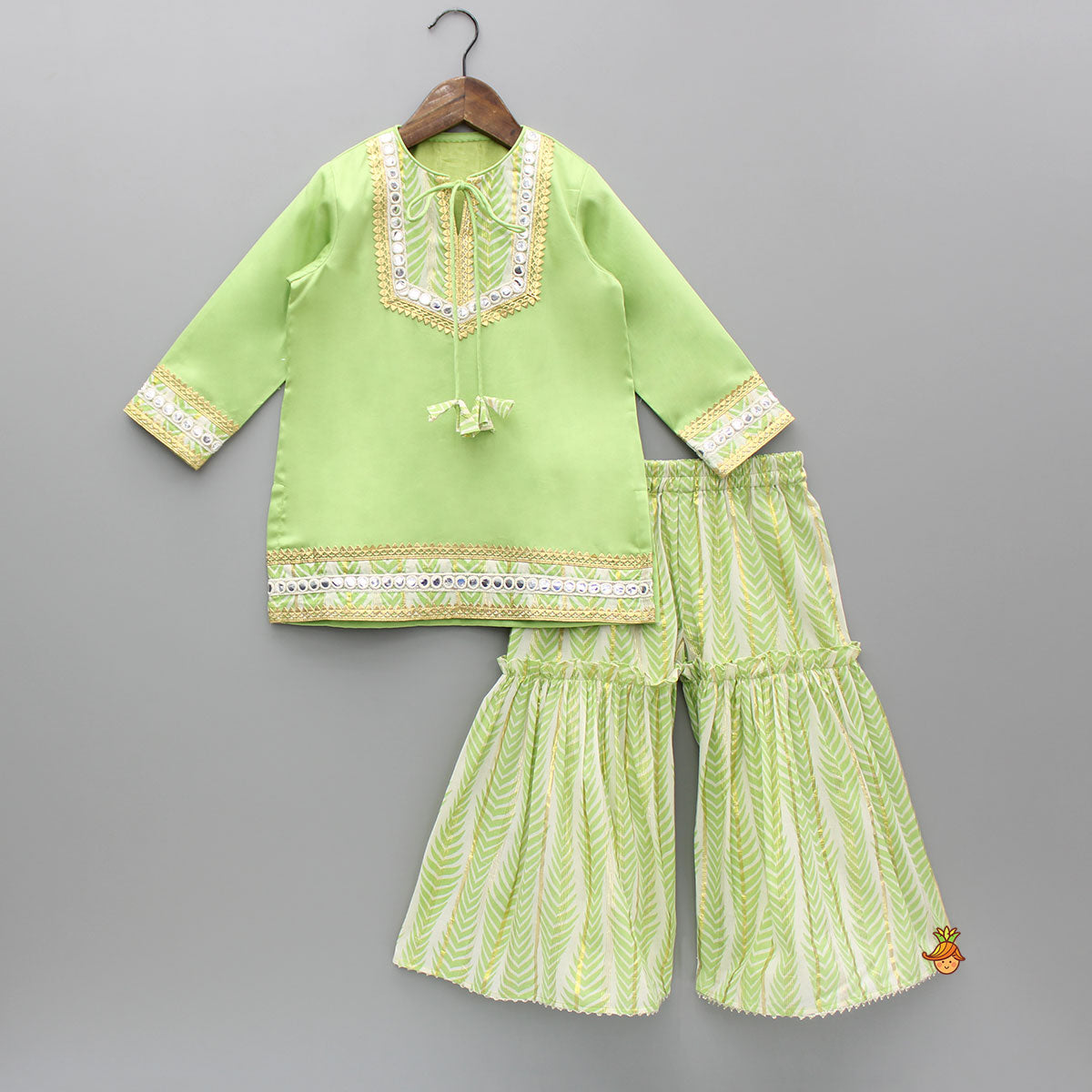 Pre Order: Green Gota Lace And Faux Mirror Work Kurti With Sharara And Dupatta