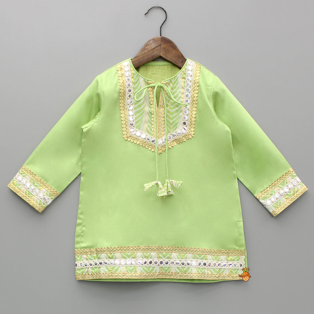 Pre Order: Green Gota Lace And Faux Mirror Work Kurti With Sharara And Dupatta