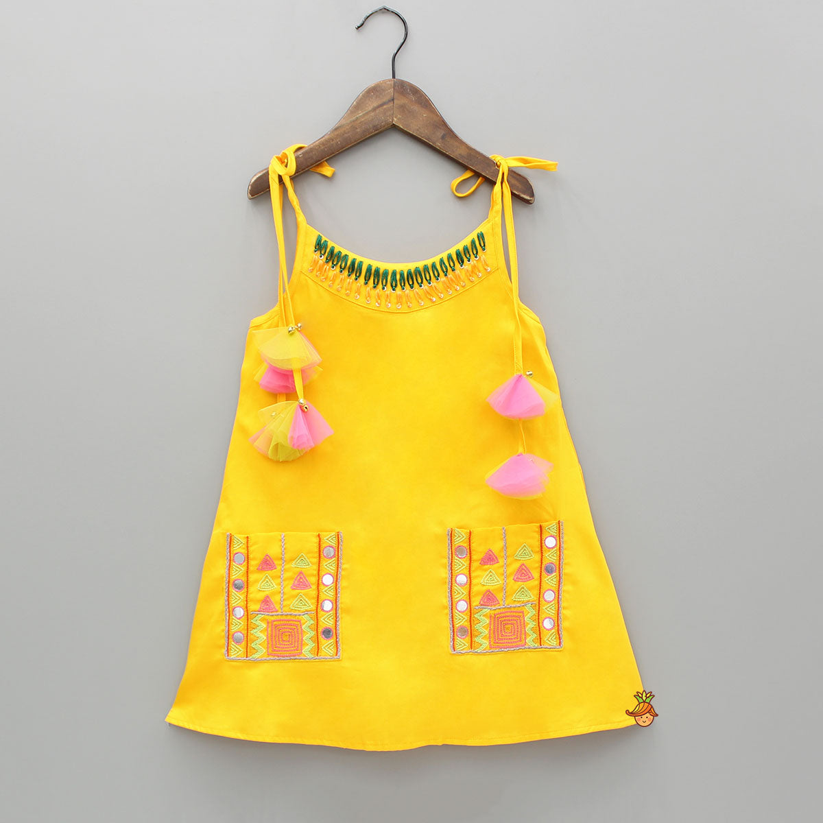 Pre Order: Yellow Thread Embroidered Neckline Strappy Kurti With Patiala