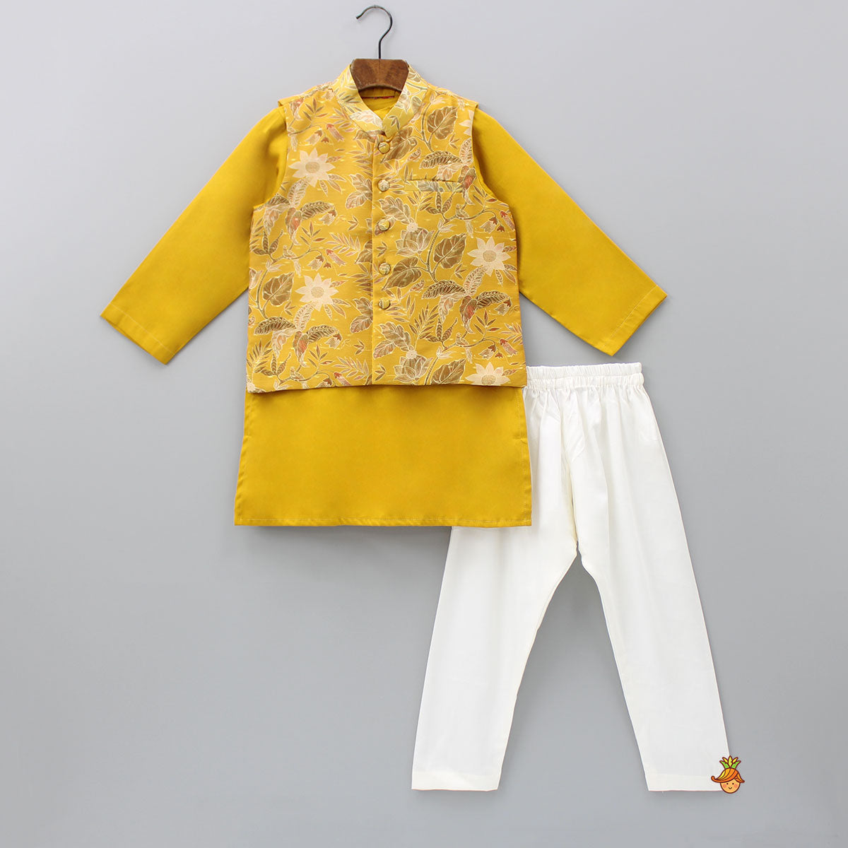 Pre Order: Mustard Kurta With Floral Printed Jacket And Pyjama