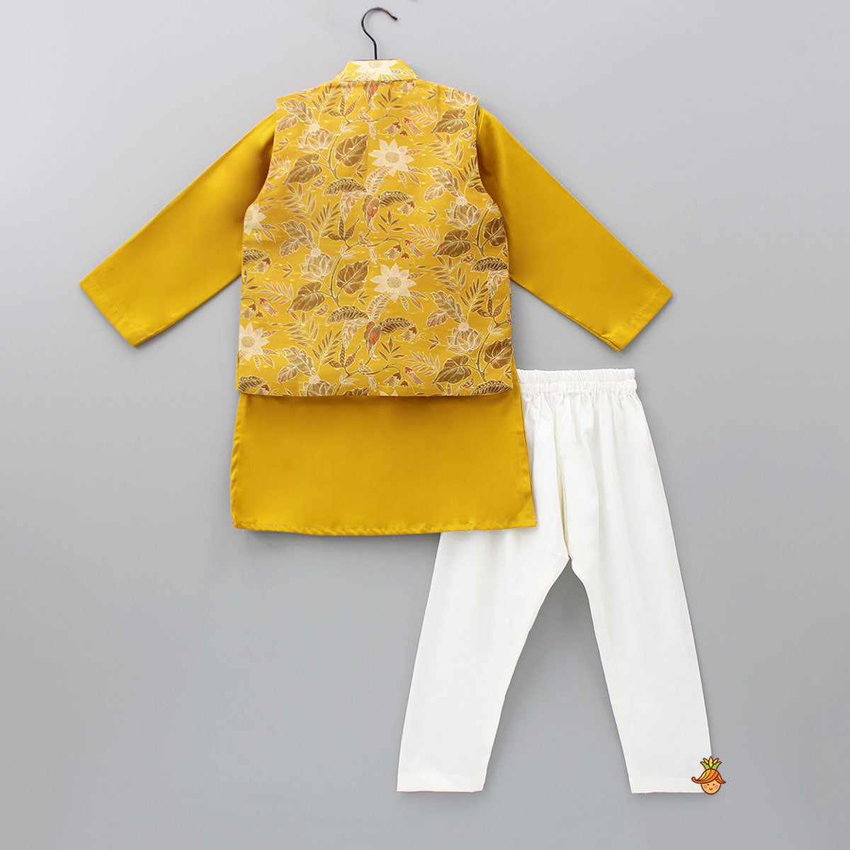 Pre Order: Mustard Kurta With Floral Printed Jacket And Pyjama