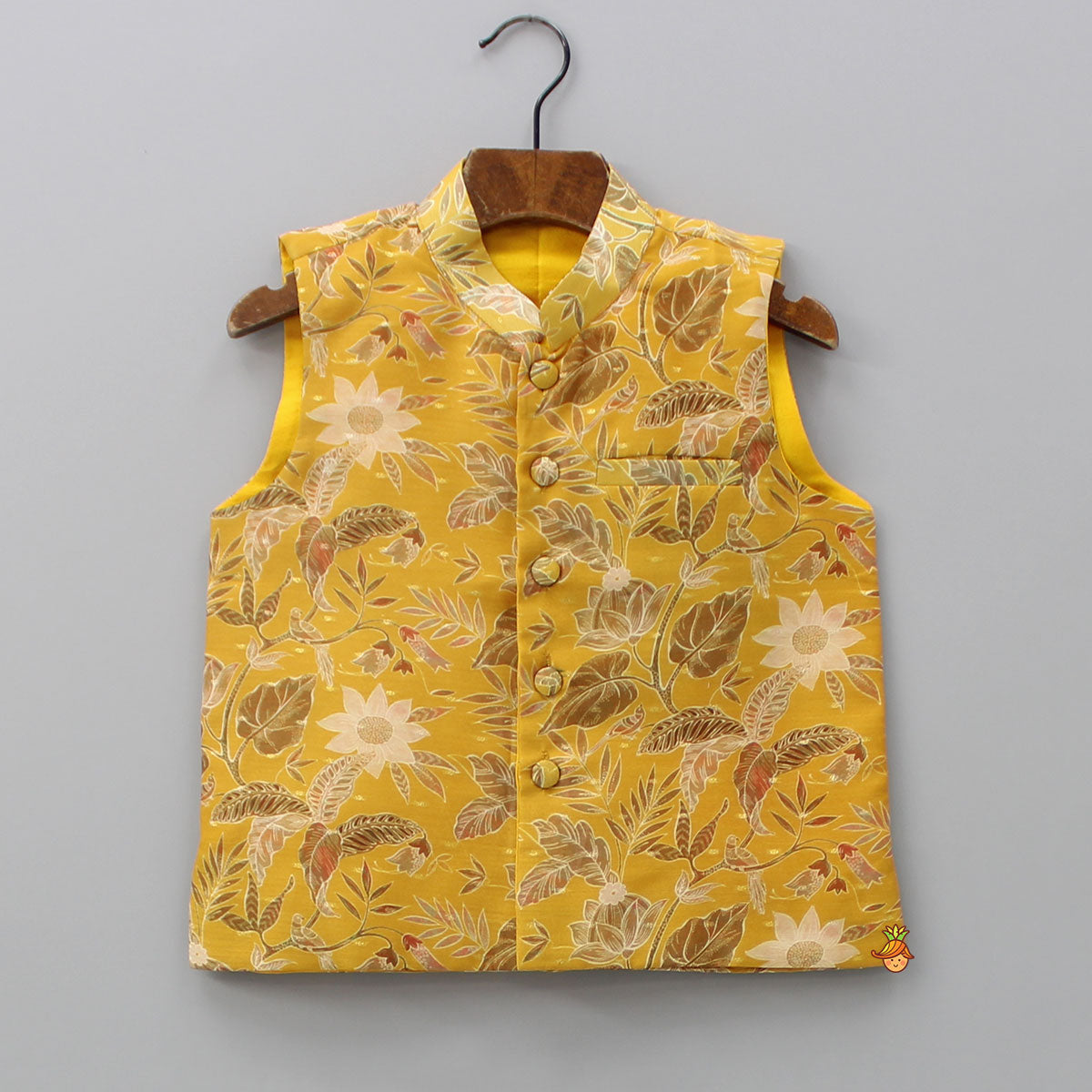 Pre Order: Mustard Kurta With Floral Printed Jacket And Pyjama