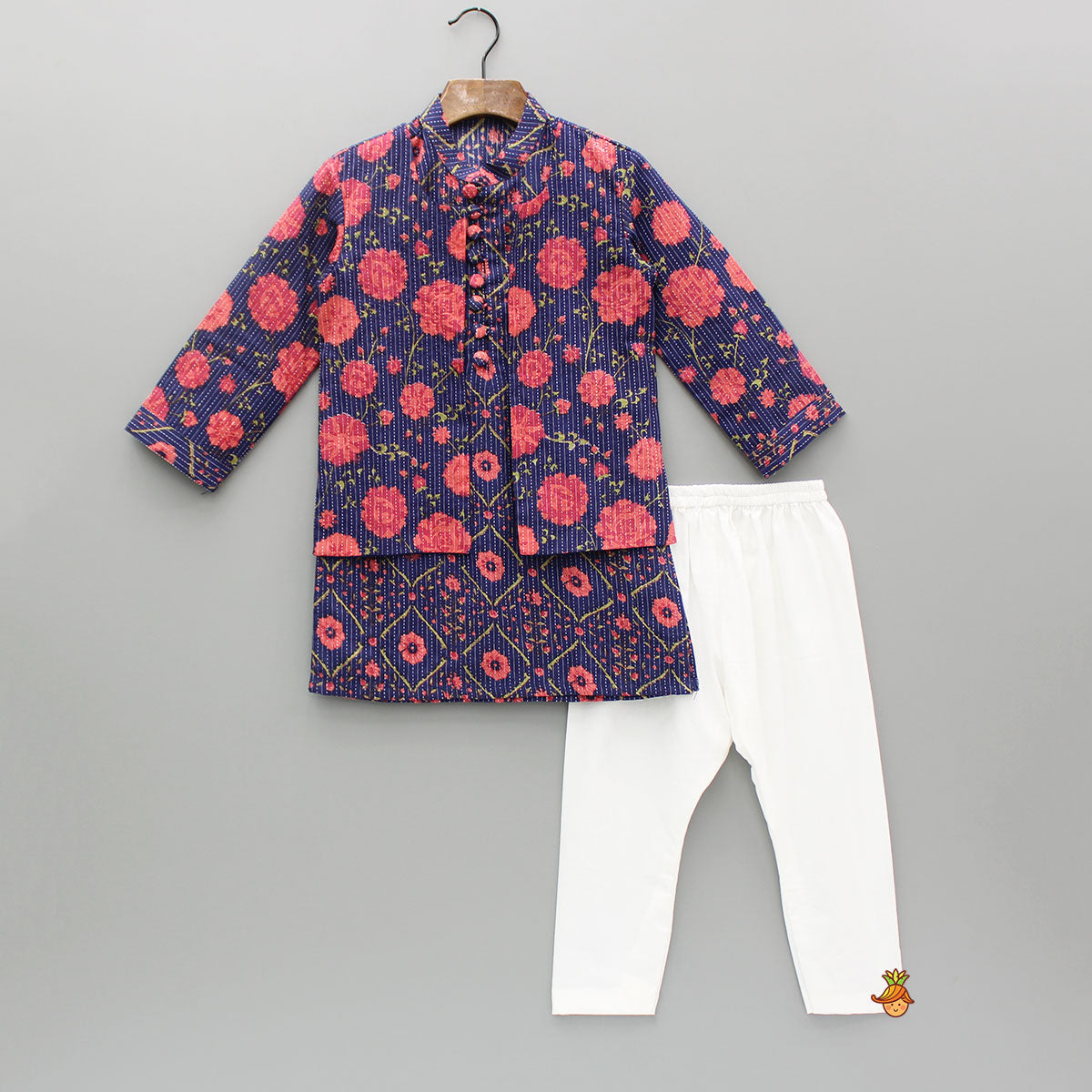 Pre Order: Floral Printed Kurta And Front Open Jacket With Pyjama