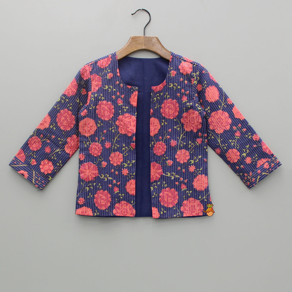 Pre Order: Floral Printed Kurta And Front Open Jacket With Pyjama