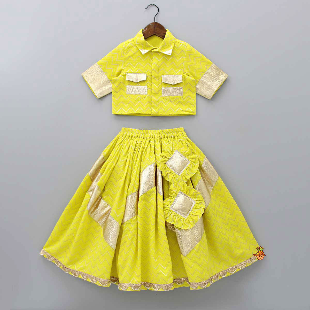 Pre Order: Chevron Embroidered Collar Neck Yellow Top And Lehenga