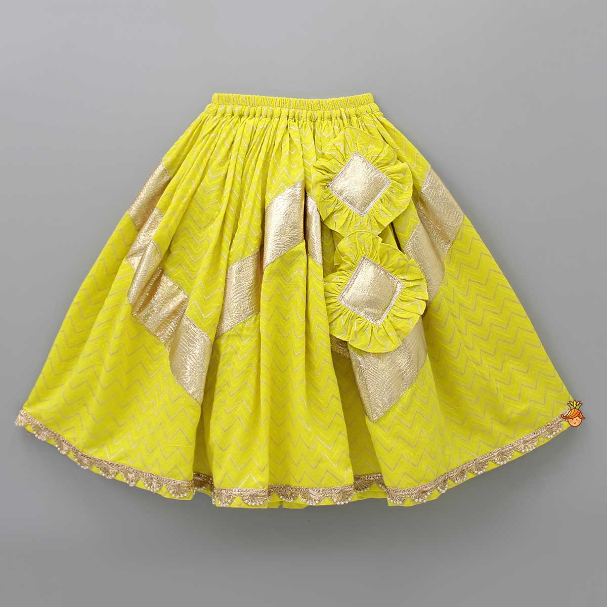 Pre Order: Chevron Embroidered Collar Neck Yellow Top And Lehenga