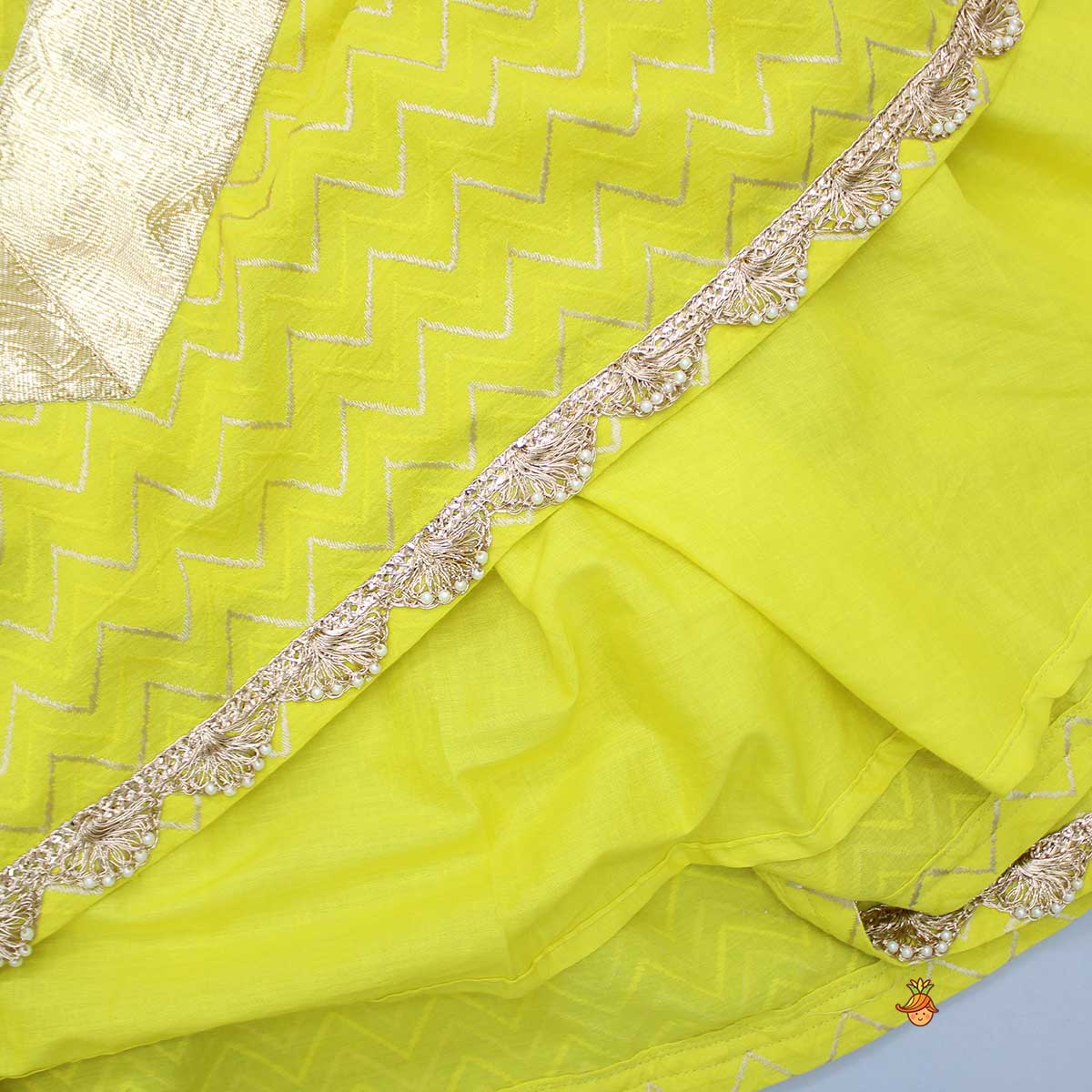 Pre Order: Chevron Embroidered Collar Neck Yellow Top And Lehenga