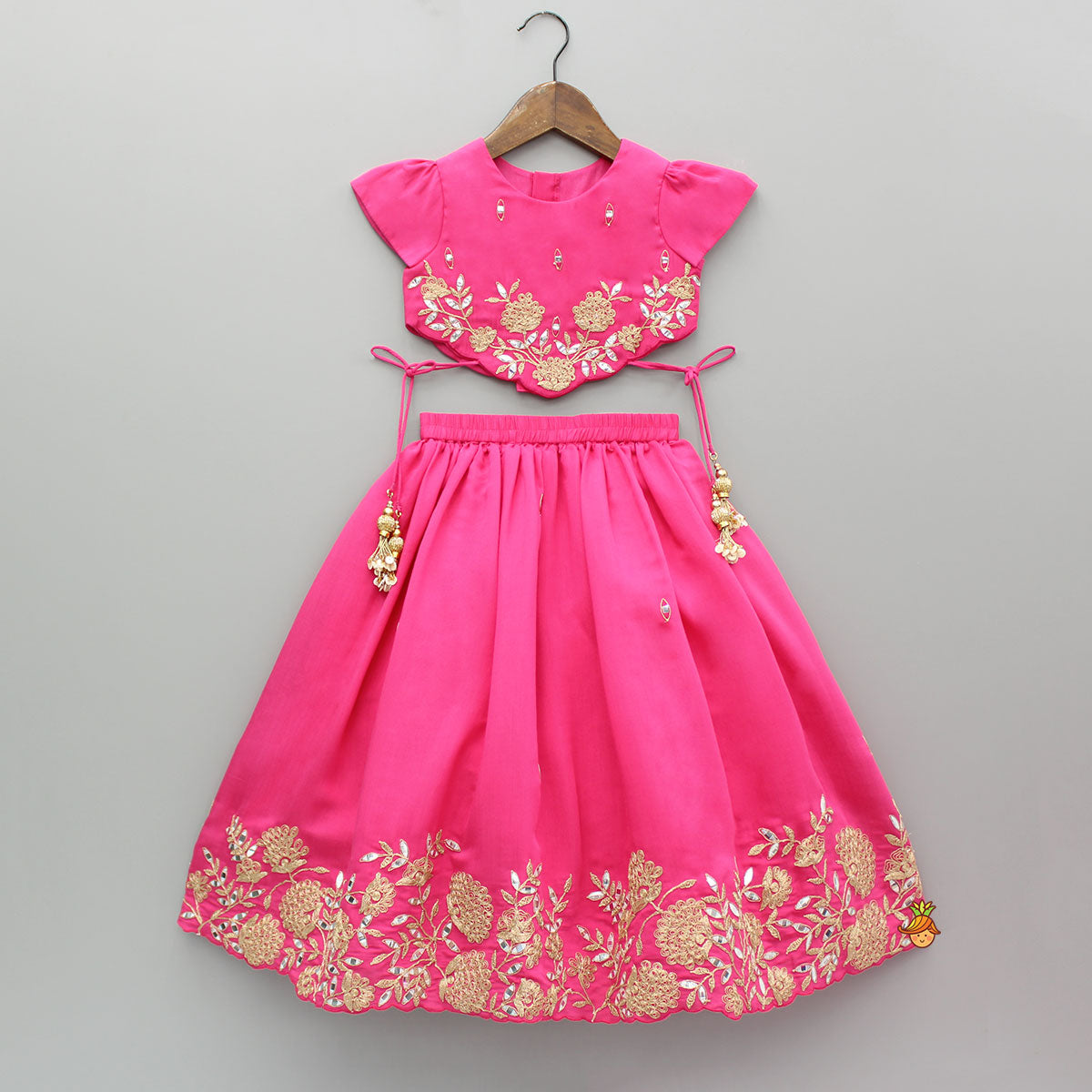 Pre Order: Pink Embroidered And Embellished Top With Lehenga