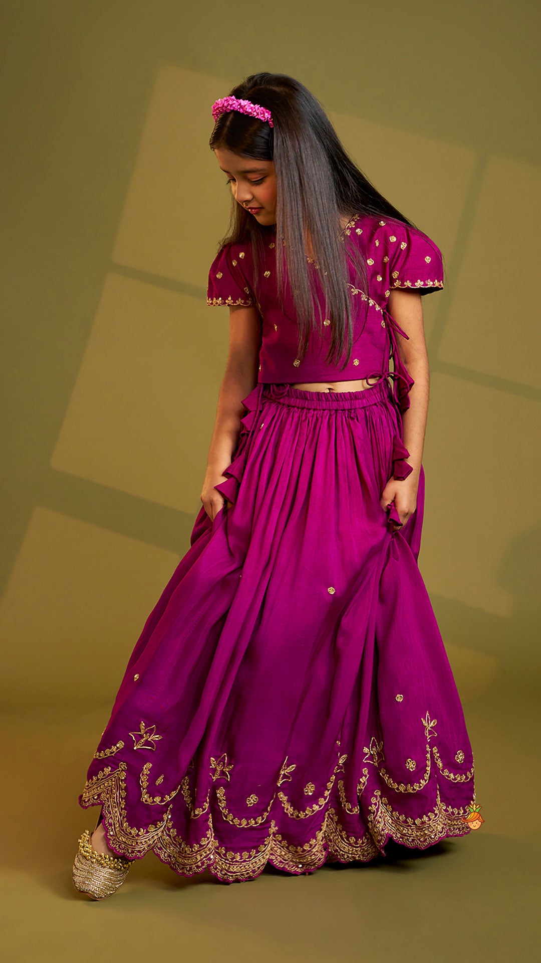 Pre Order: Purple Embroidered Front Overlap Top With Lehenga And Dupatta