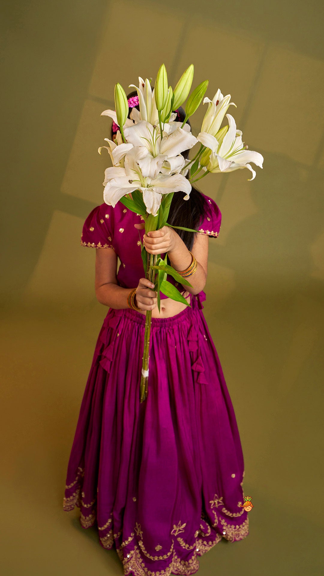 Pre Order: Purple Embroidered Front Overlap Top With Lehenga And Dupatta