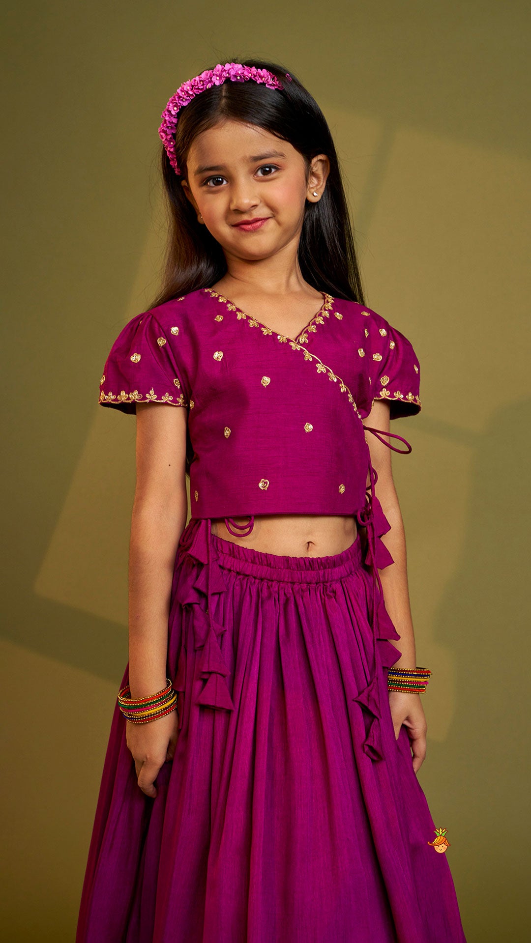 Pre Order: Purple Embroidered Front Overlap Top With Lehenga And Dupatta