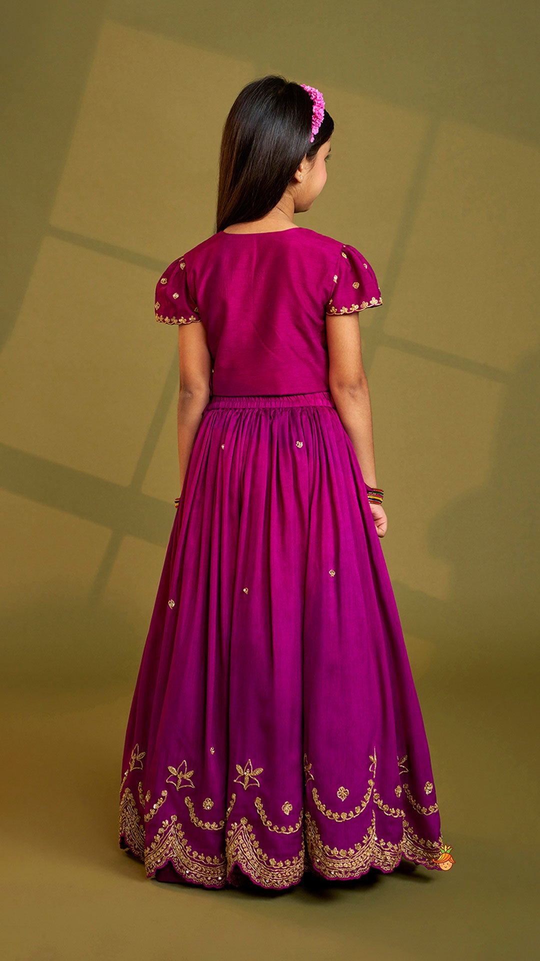 Pre Order: Purple Embroidered Front Overlap Top With Lehenga And Dupatta