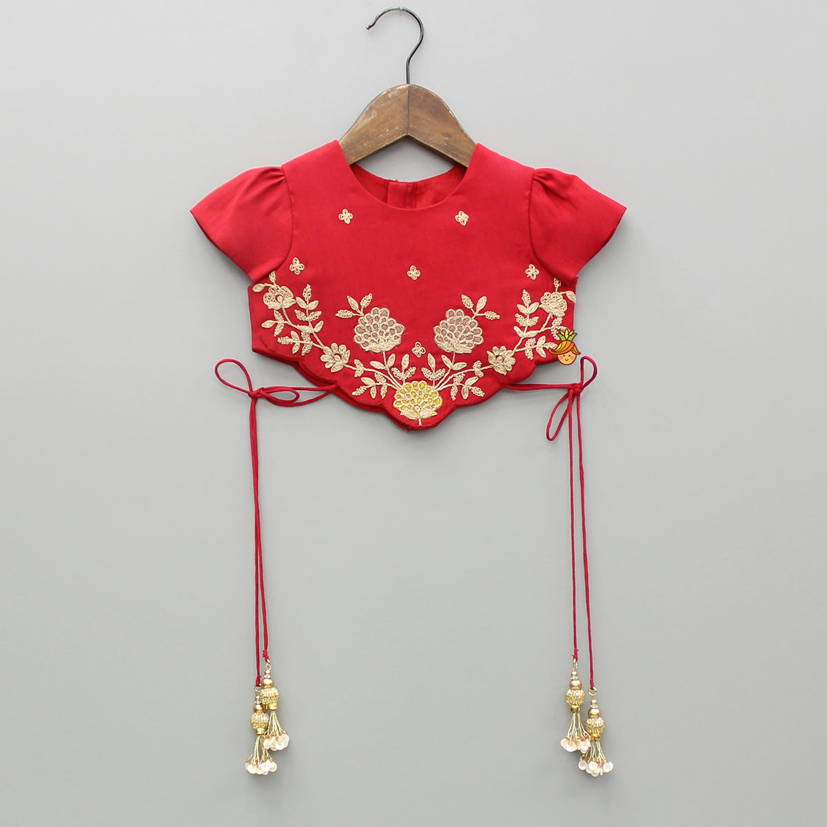 Pre Order: Red Embroidered Scalloped Hem Top With Lehenga