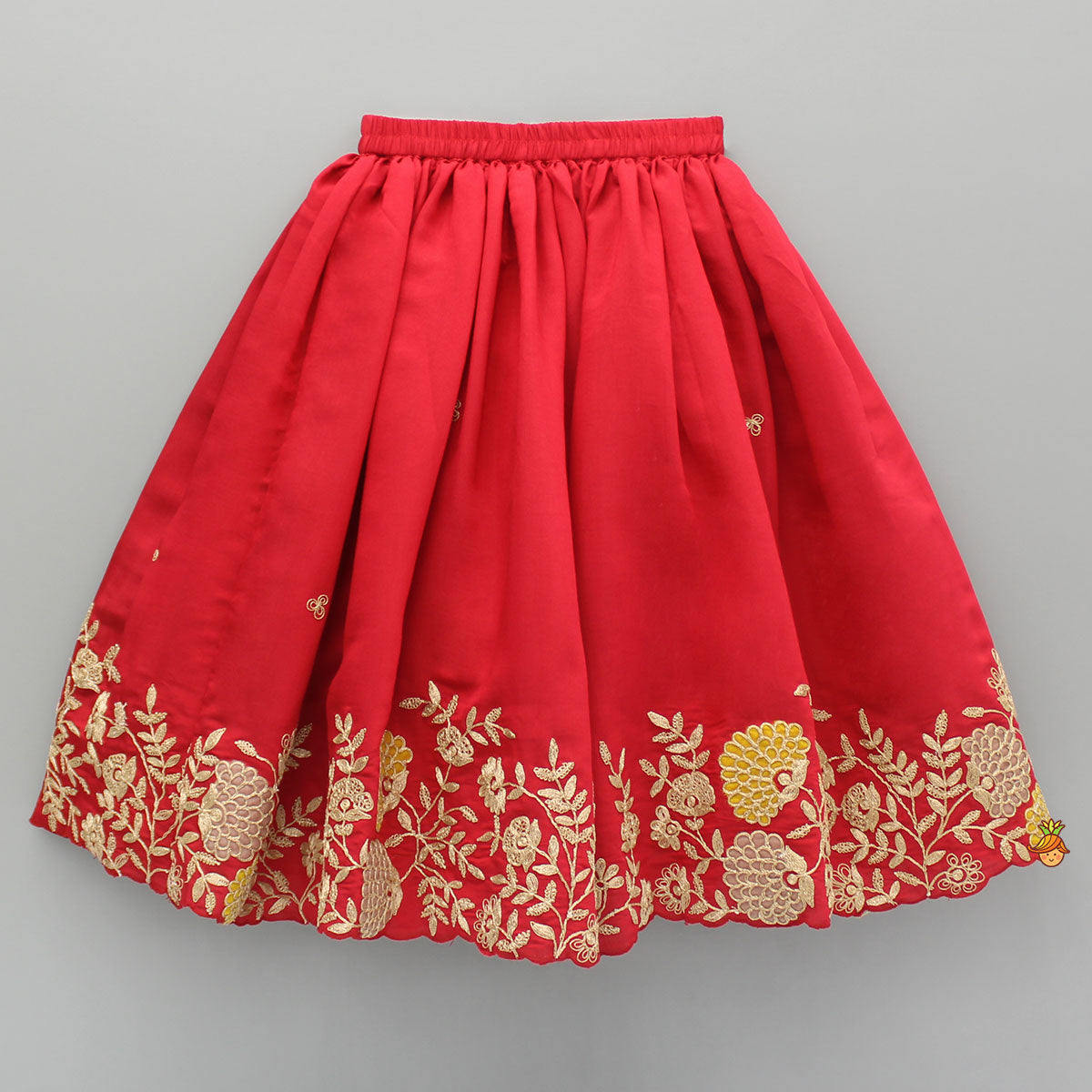 Pre Order: Red Embroidered Scalloped Hem Top With Lehenga