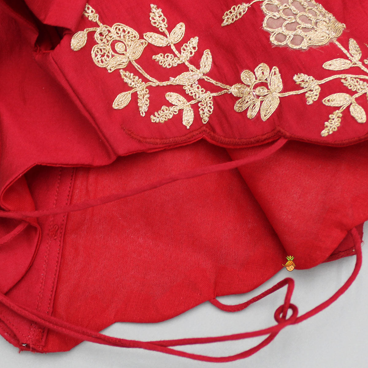 Pre Order: Red Embroidered Scalloped Hem Top With Lehenga