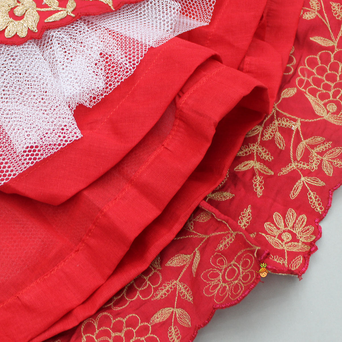 Pre Order: Red Embroidered Scalloped Hem Top With Lehenga