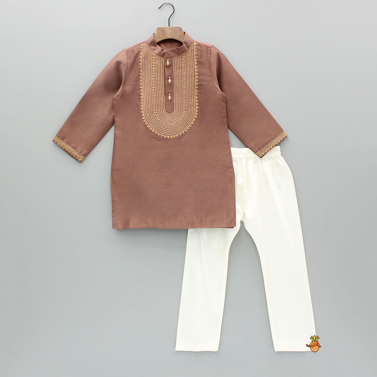 Pre Order: Embroidered Brown Kurta And Pyjama