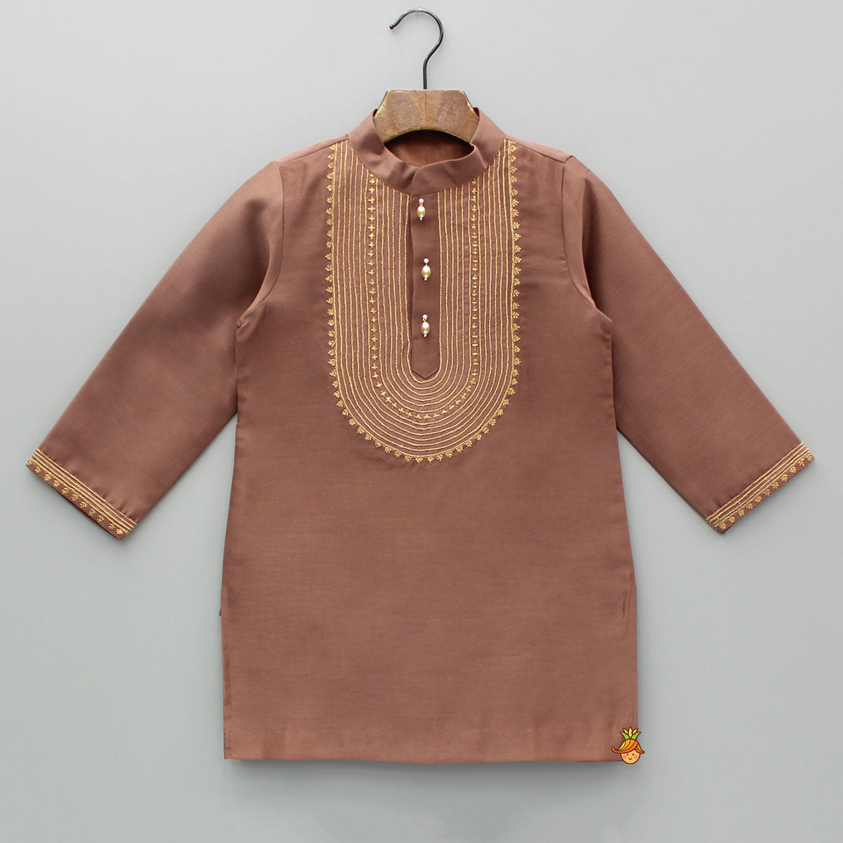 Pre Order: Embroidered Brown Kurta And Pyjama