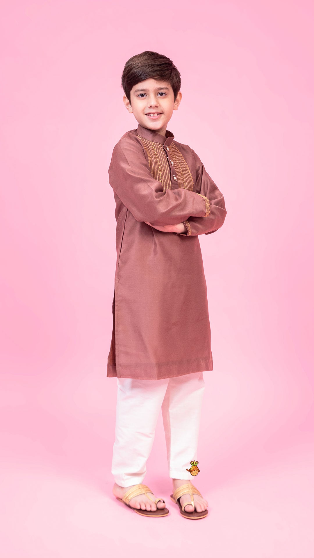 Pre Order: Embroidered Brown Kurta And Pyjama