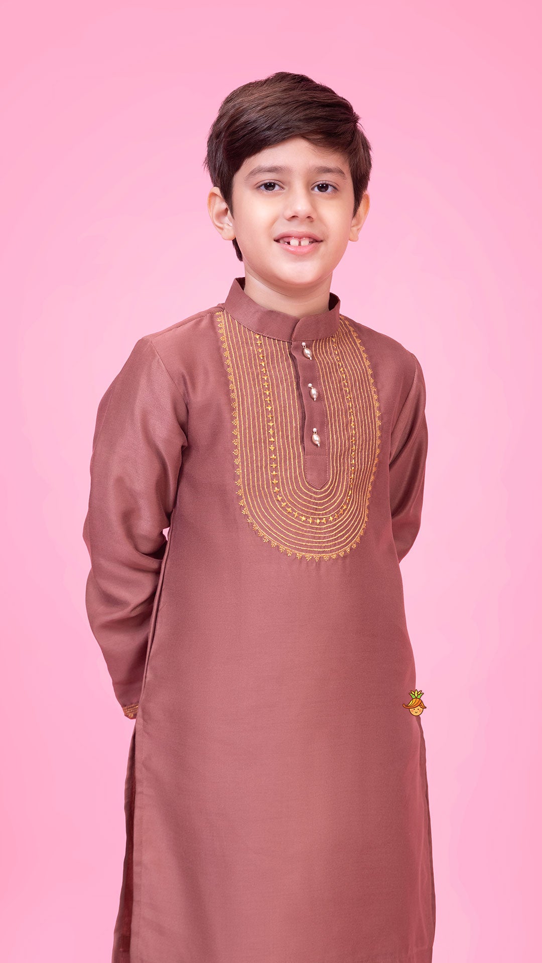 Pre Order: Embroidered Brown Kurta And Pyjama