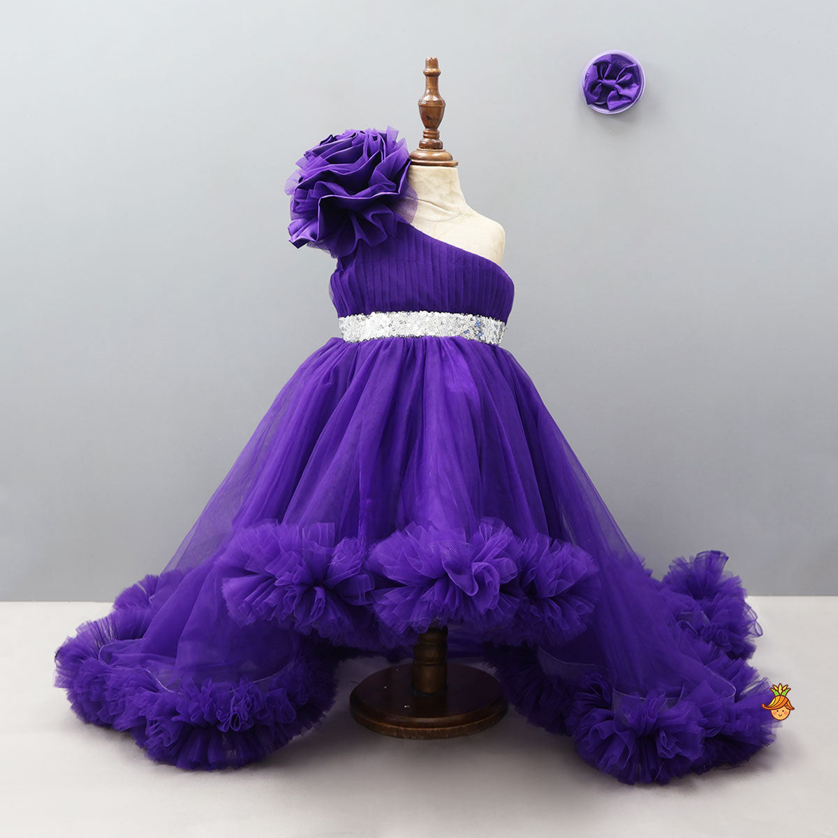 Purple One Shoulder High Low Dress With Matching Hair Clip And Detachable Bow