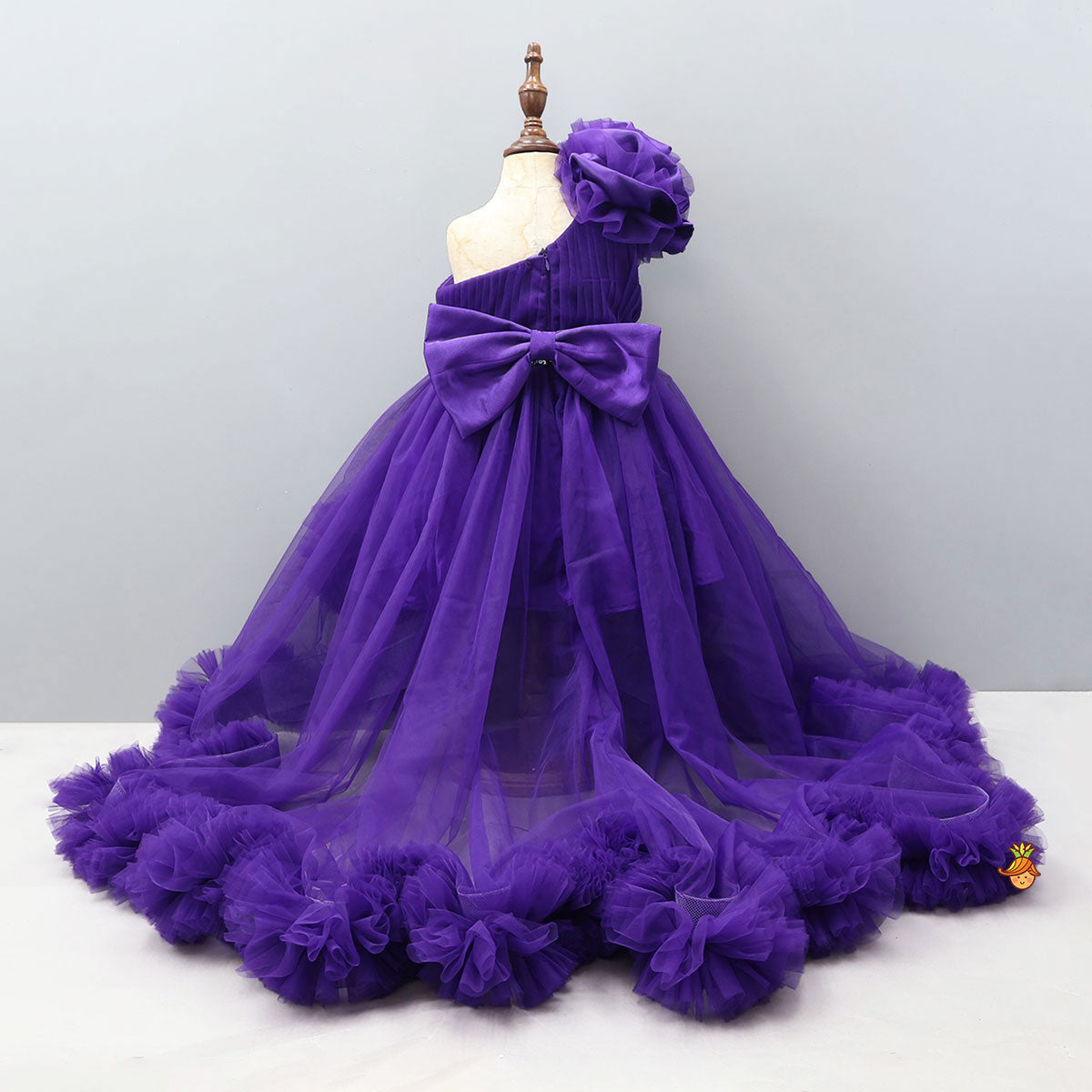 Purple One Shoulder High Low Dress With Matching Hair Clip And Detachable Bow