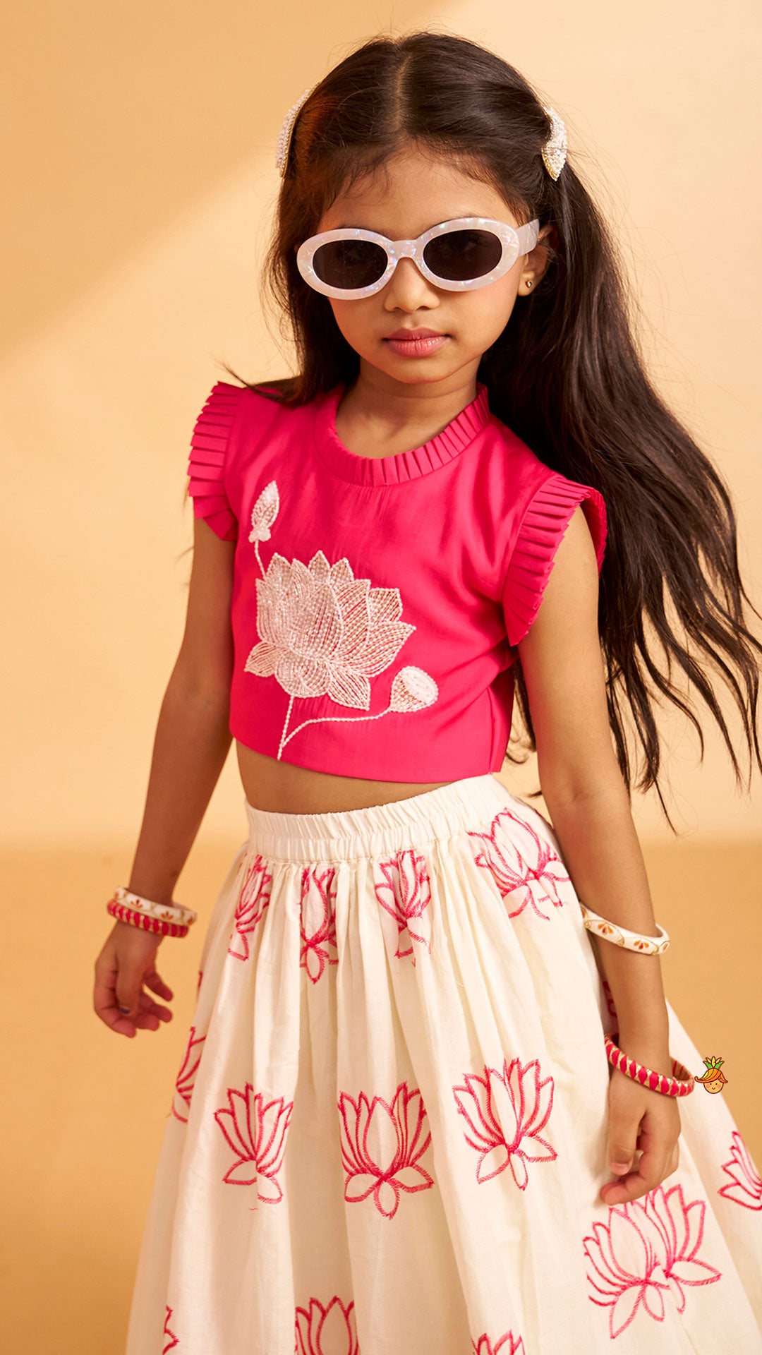 Pre Order: Lotus Embroidered Pink Top With Lehenga
