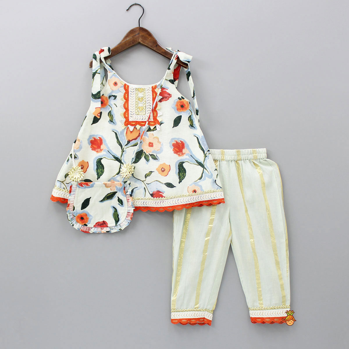 Pre Order: Flower Printed Tie Up Strap Kurti And Pant With Matching Sling Bag