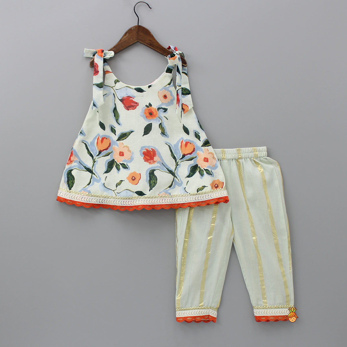 Pre Order: Flower Printed Tie Up Strap Kurti And Pant With Matching Sling Bag