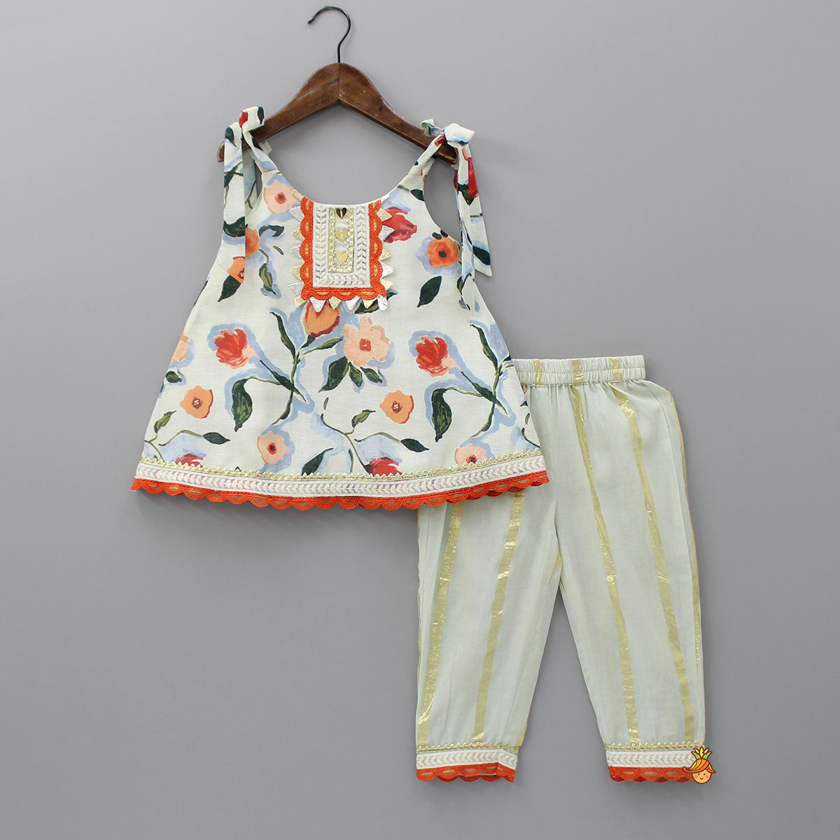 Pre Order: Flower Printed Tie Up Strap Kurti And Pant With Matching Sling Bag