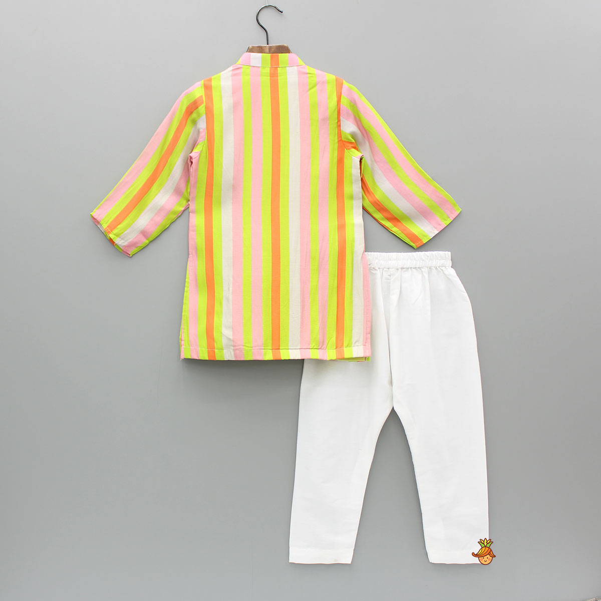 Pre Order: Multicoloured Striped And Floral Printed Flap Kurta With Pyjama