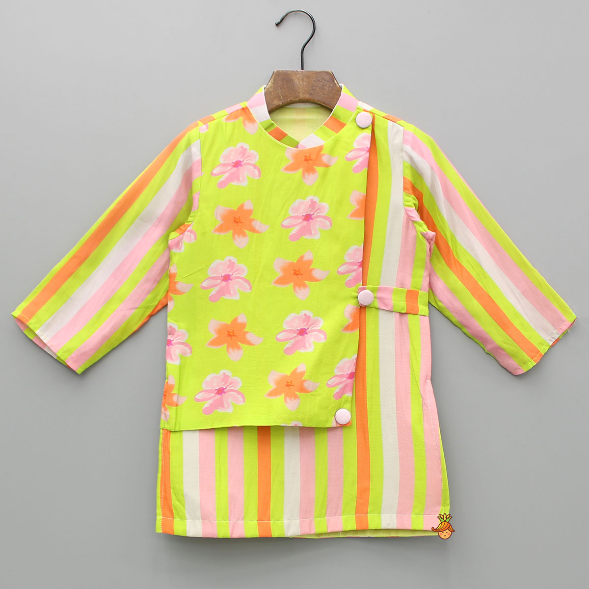 Pre Order: Multicoloured Striped And Floral Printed Flap Kurta With Pyjama