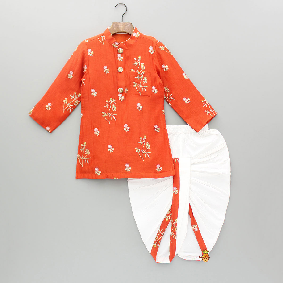 Pre Order: Floral Embroidered Orange Kurta And Dhoti