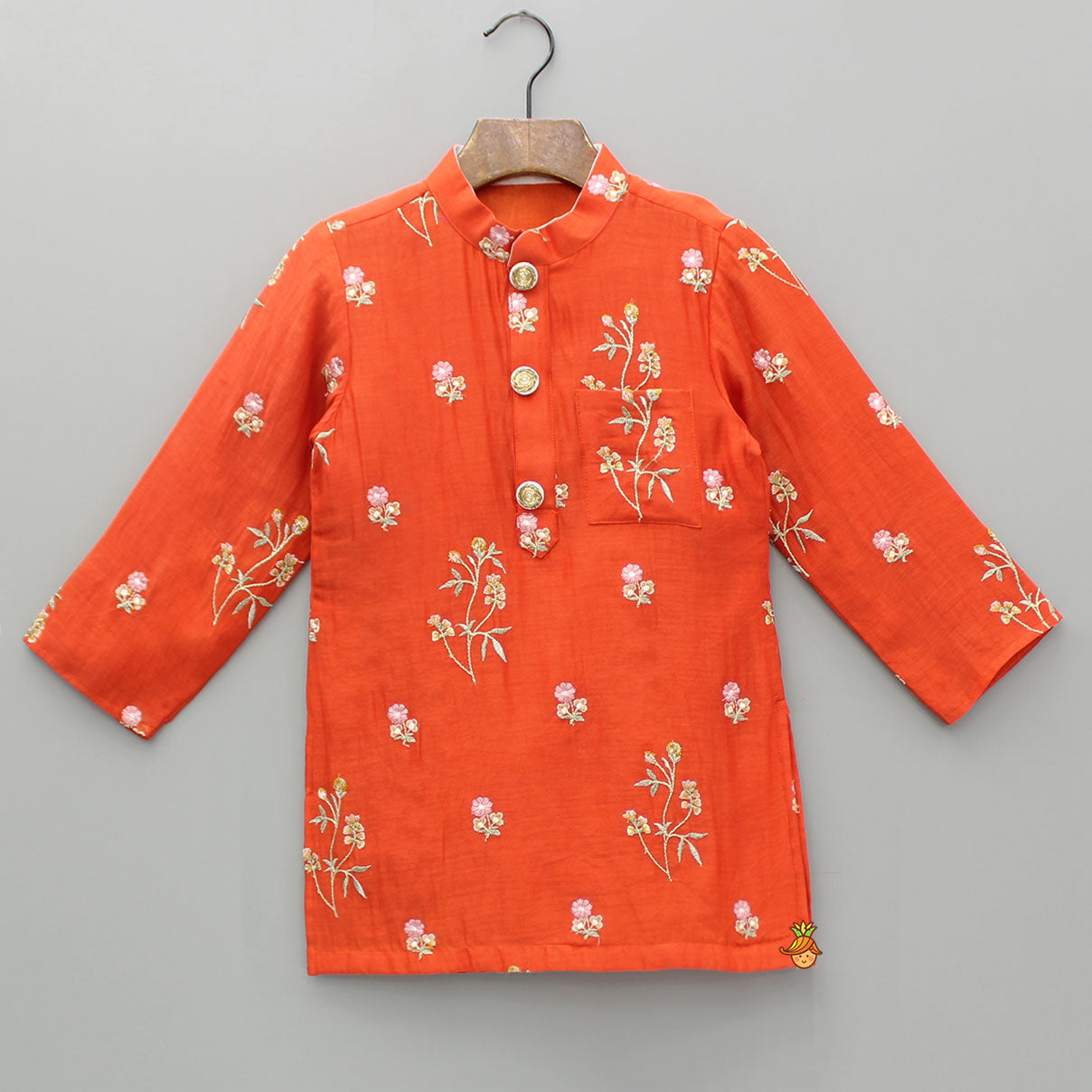 Pre Order: Floral Embroidered Orange Kurta And Dhoti