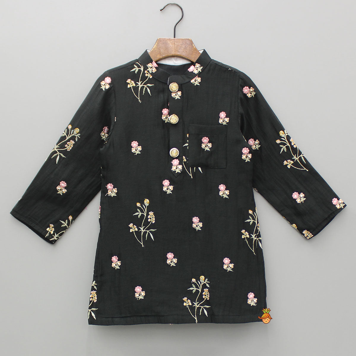 Pre Order: Floral Embroidered Black Kurta And Pyjama