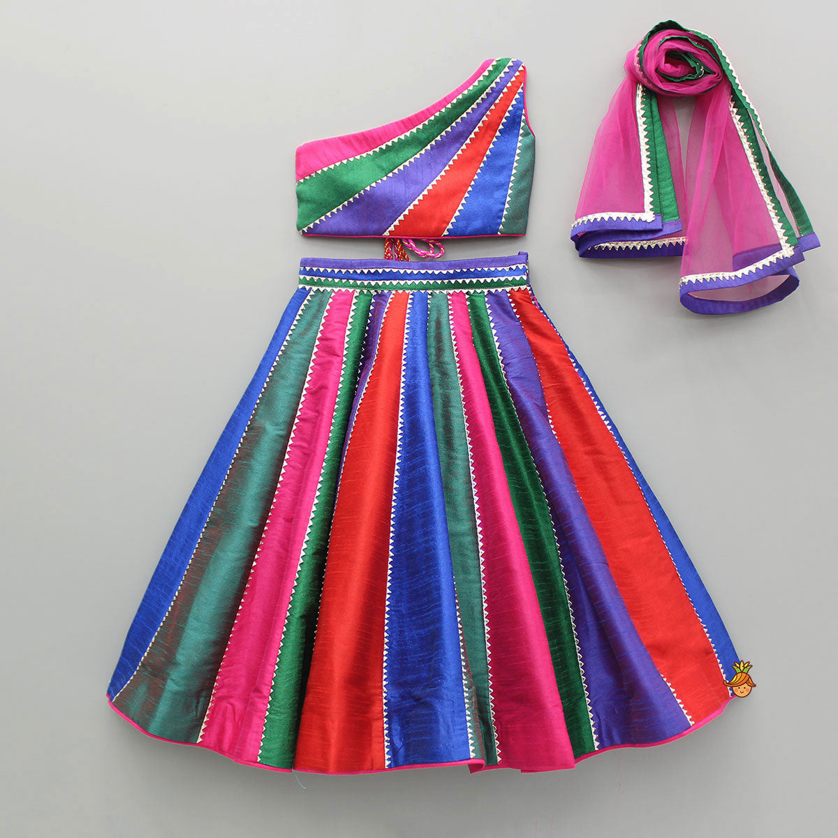 Pre Order: Multicoloured Colour Blocked Top With Lehenga And Dupatta