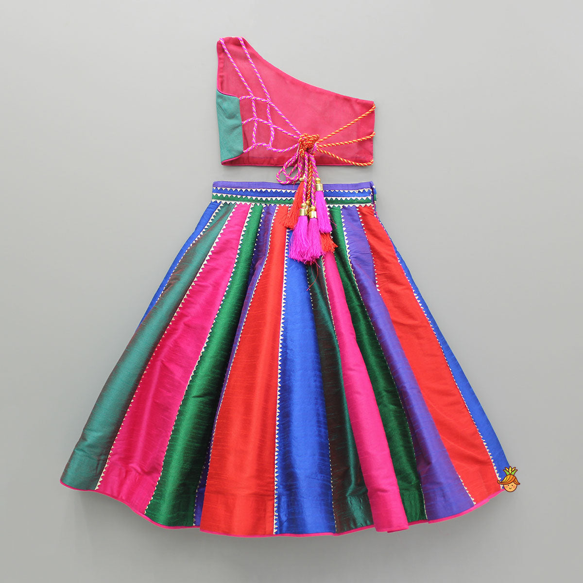 Pre Order: Multicoloured Colour Blocked Top With Lehenga And Dupatta