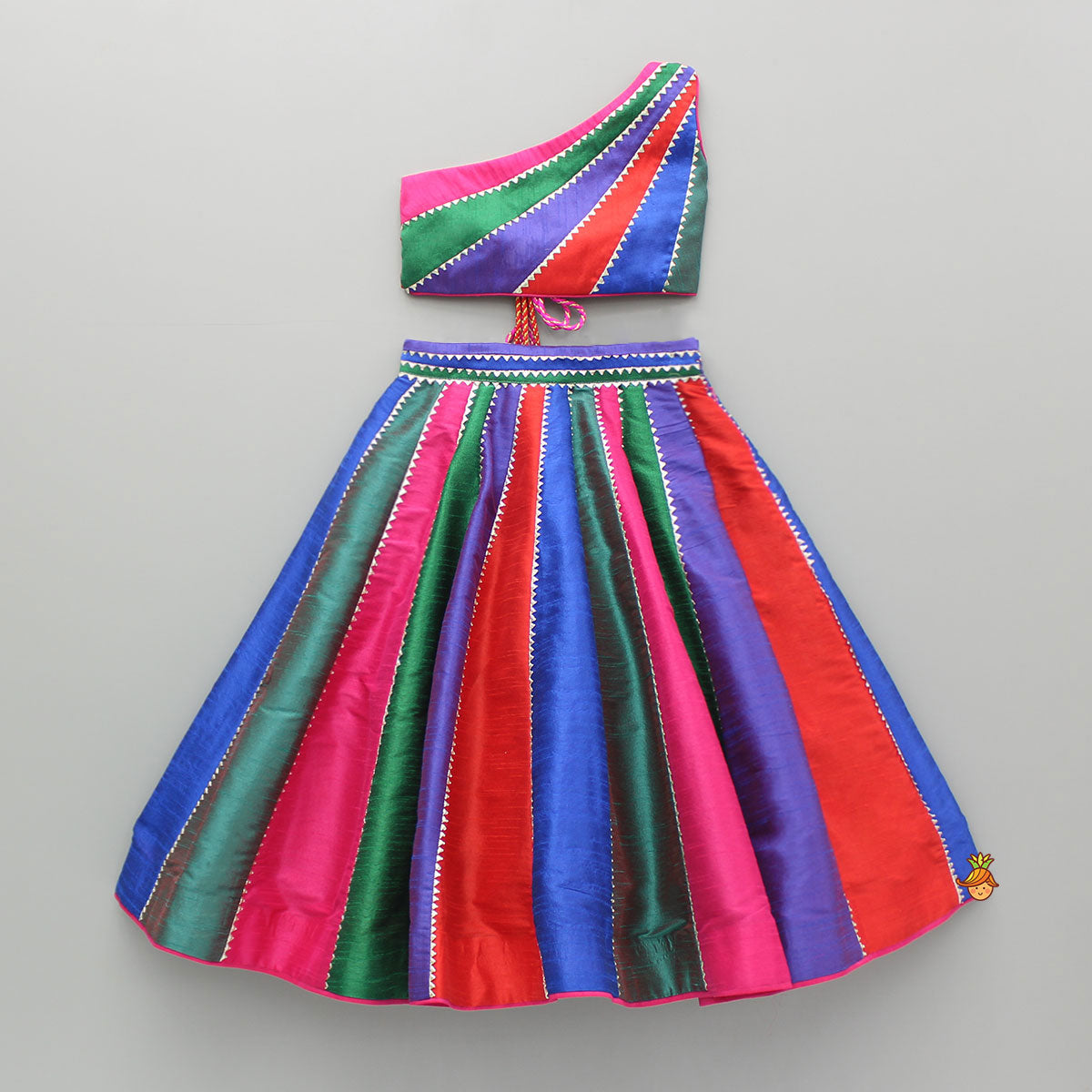 Pre Order: Multicoloured Colour Blocked Top With Lehenga And Dupatta